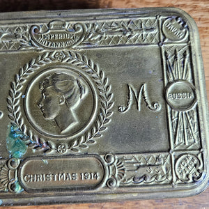 WWI 1914 Queen Mary Christmas Tin Gilded Brass Antique