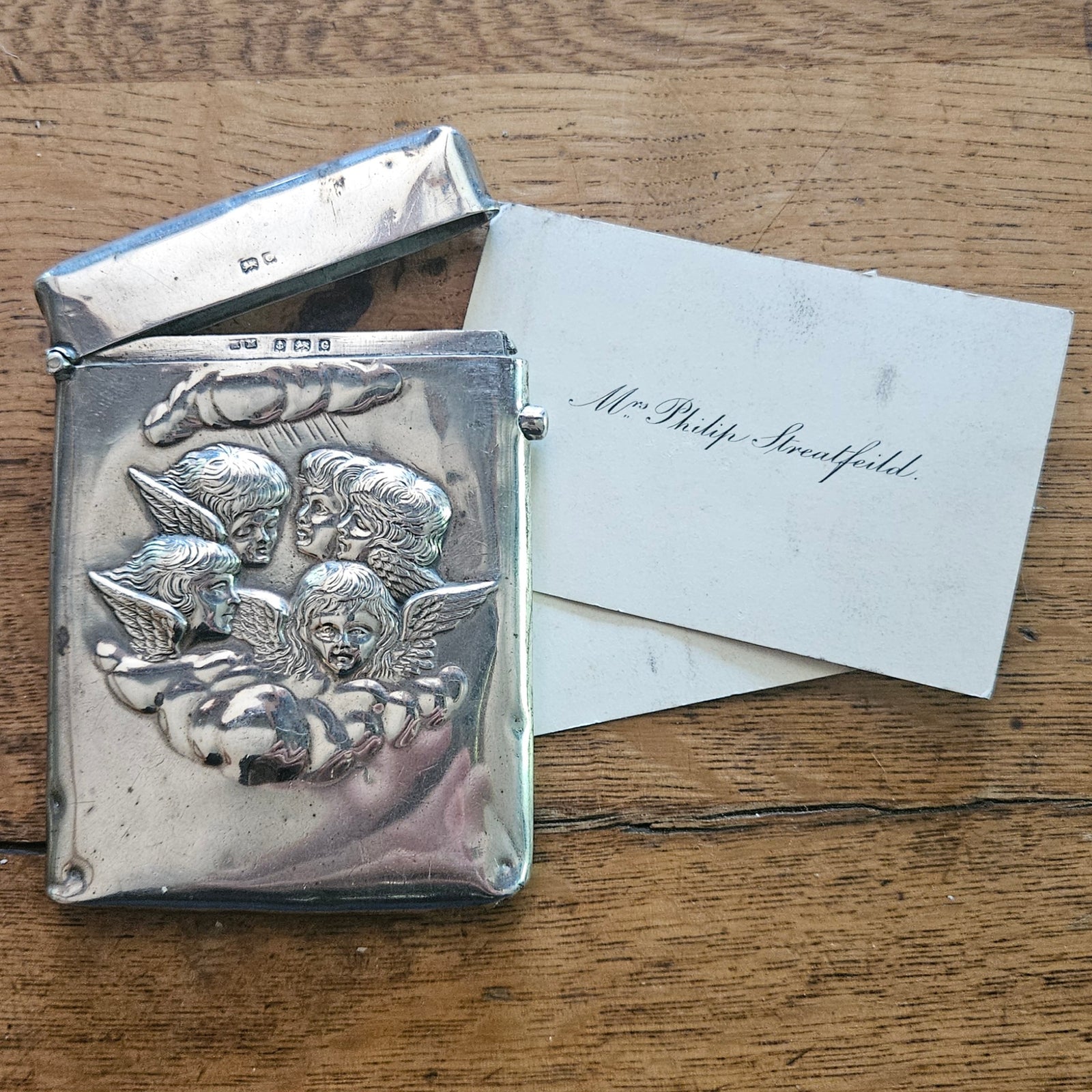 Raphael Cherubs English Sterling Silver Calling Card Case by Henry Matthews Antique Edwardian 1902