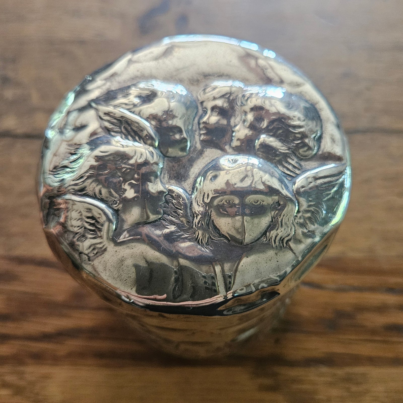 Reynold's Cherubs English Sterling Silver Vanity Pot or Jar by William Comyns & Sons Antique Edwardian