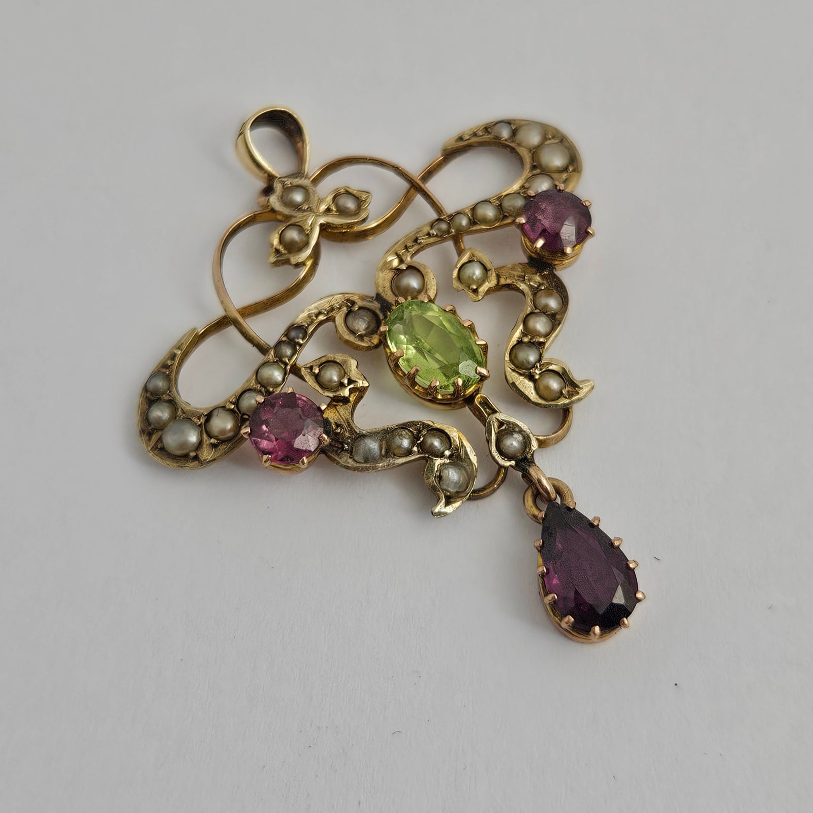 Suffragette Dangling Pendant Garnet Peridot and Seed Pearl in 9k Gold Antique Edwardian