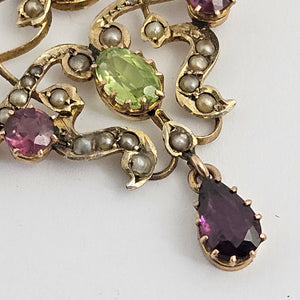 Suffragette Dangling Pendant Garnet Peridot and Seed Pearl in 9k Gold Antique Edwardian