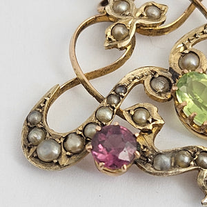 Suffragette Dangling Pendant Garnet Peridot and Seed Pearl in 9k Gold Antique Edwardian