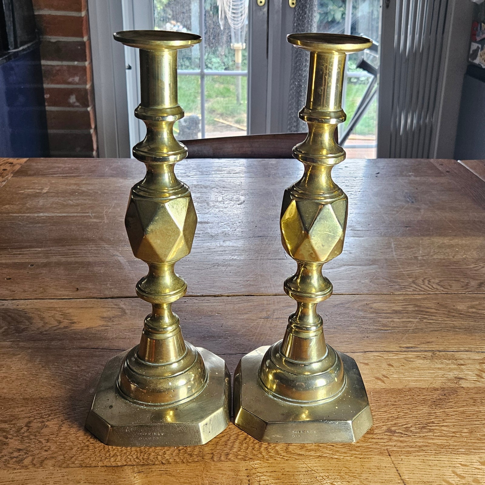 Pair of The King of Diamonds Brass Candlesticks Antique Victorian