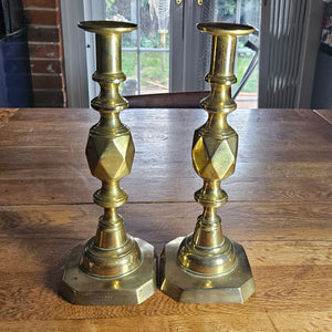 Pair of The King of Diamonds Brass Candlesticks Antique Victorian