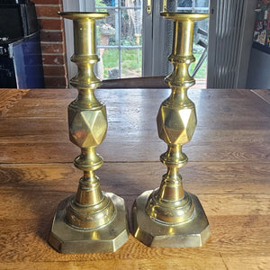 Pair of The King of Diamonds Brass Candlesticks Antique Victorian