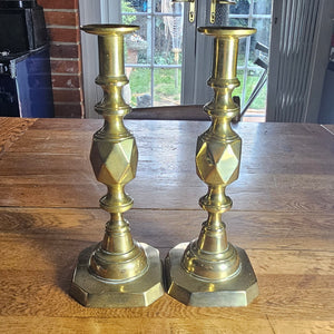 Pair of The King of Diamonds Brass Candlesticks Antique Victorian