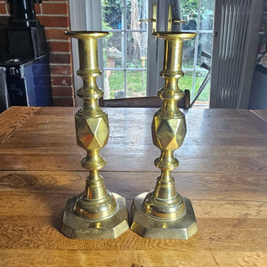 Pair of The King of Diamonds Brass Candlesticks Antique Victorian