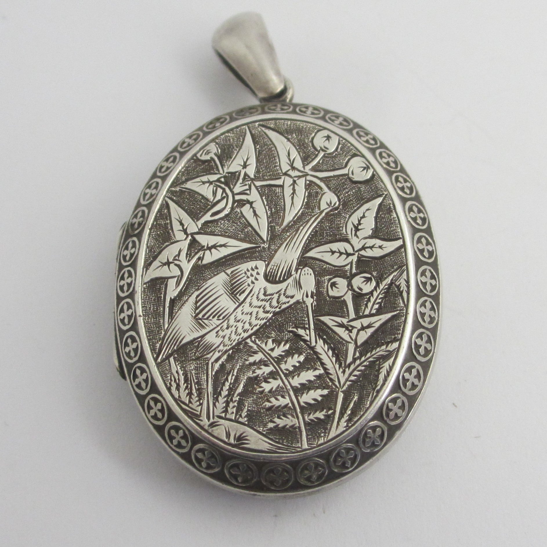 Aesthetic Stork Bird English Sterling Silver Double Locket Antique Victorian 1879