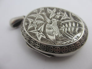 Aesthetic Stork Bird English Sterling Silver Double Locket Antique Victorian 1879