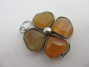 Agate 4 Leaf Clover Sterling Silver Pendant Antique Victorian c1860