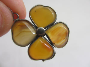 Agate 4 Leaf Clover Sterling Silver Pendant Antique Victorian c1860