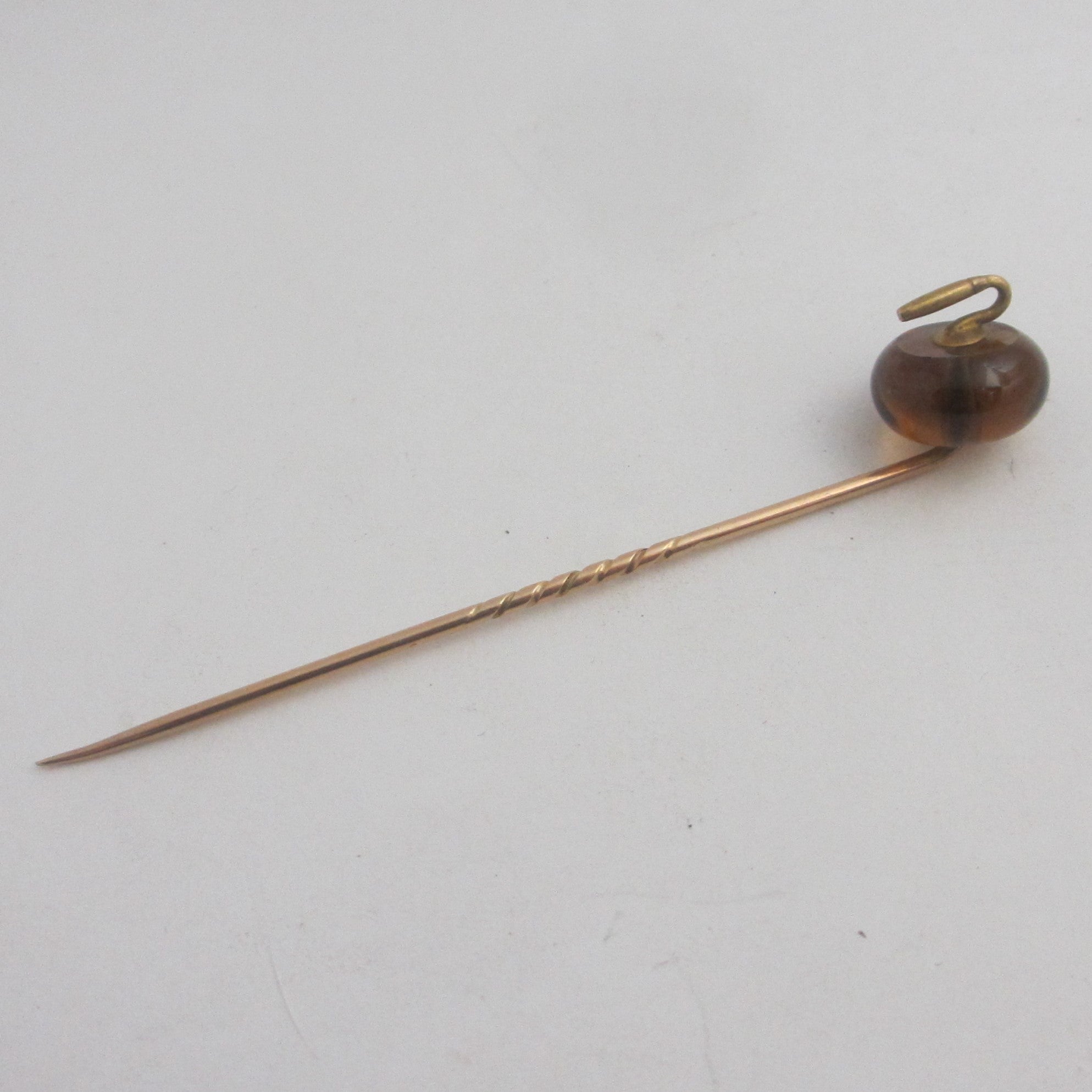 Amber Curling Stone 15k Gold Stick Pin Brooch Antique Victorian c1890