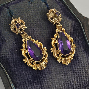 Amethyst in 9k Gold Dangling Ear Pendant Earrings Antique Victorian