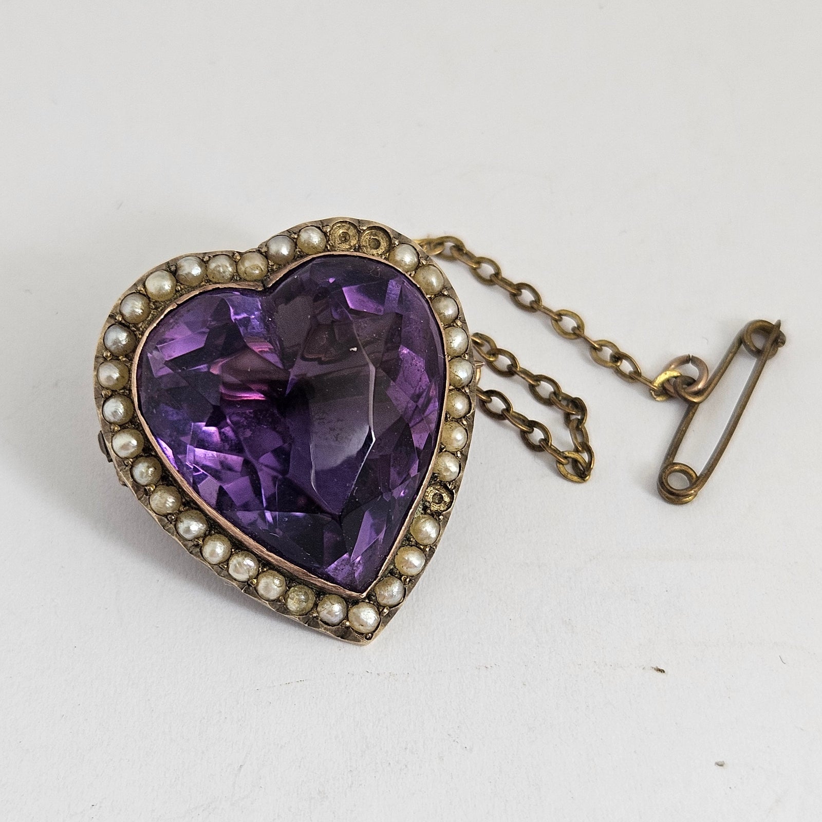Huge Amethyst Heart Seed Pearl 15k Gold Brooch Pin Antique Victorian c1890