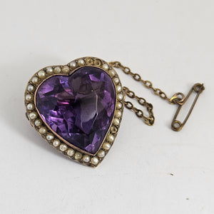Huge Amethyst Heart Seed Pearl 15k Gold Brooch Pin Antique Victorian c1890