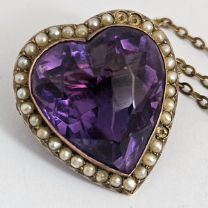 Huge Amethyst Heart Seed Pearl 15k Gold Brooch Pin Antique Victorian c1890