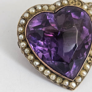 Huge Amethyst Heart Seed Pearl 15k Gold Brooch Pin Antique Victorian c1890