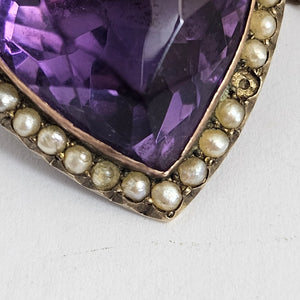 Huge Amethyst Heart Seed Pearl 15k Gold Brooch Pin Antique Victorian c1890