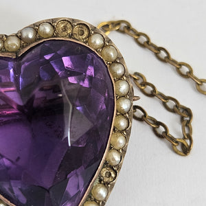 Huge Amethyst Heart Seed Pearl 15k Gold Brooch Pin Antique Victorian c1890