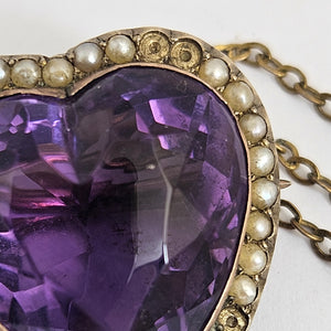 Huge Amethyst Heart Seed Pearl 15k Gold Brooch Pin Antique Victorian c1890