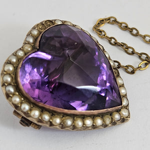Huge Amethyst Heart Seed Pearl 15k Gold Brooch Pin Antique Victorian c1890