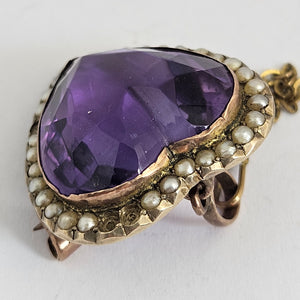Huge Amethyst Heart Seed Pearl 15k Gold Brooch Pin Antique Victorian c1890