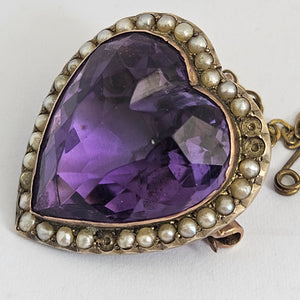 Huge Amethyst Heart Seed Pearl 15k Gold Brooch Pin Antique Victorian c1890