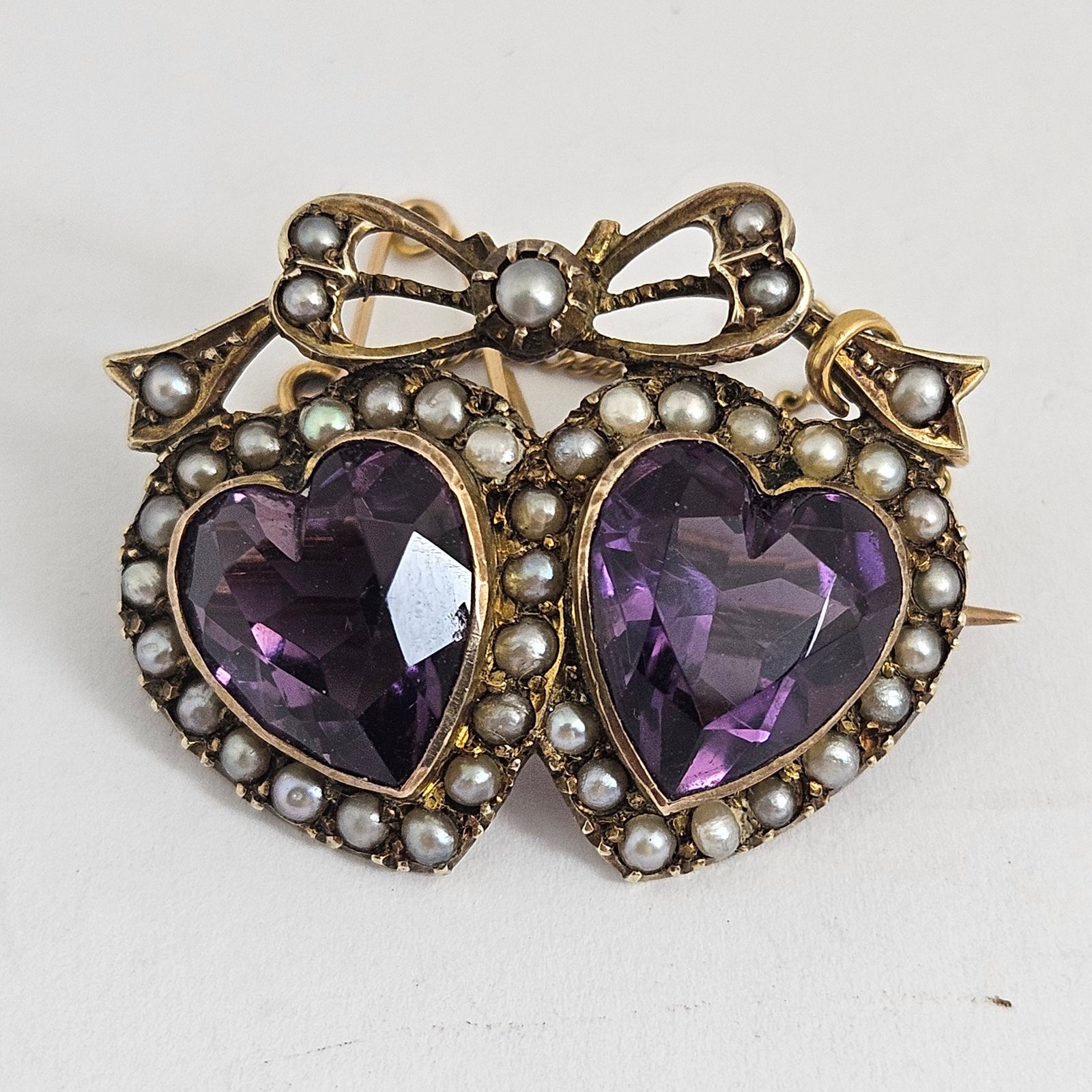 Amethyst Seed Pearl Double Heart Below Bow 9k Gold Brooch Pin Antique Victorian c1890