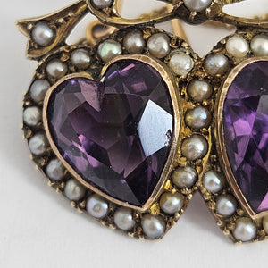 Amethyst Seed Pearl Double Heart Below Bow 9k Gold Brooch Pin Antique Victorian c1890