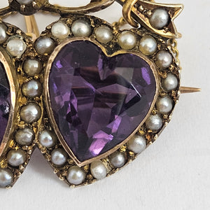 Amethyst Seed Pearl Double Heart Below Bow 9k Gold Brooch Pin Antique Victorian c1890