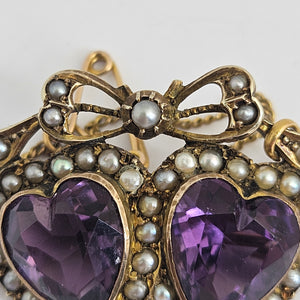 Amethyst Seed Pearl Double Heart Below Bow 9k Gold Brooch Pin Antique Victorian c1890