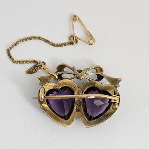 Amethyst Seed Pearl Double Heart Below Bow 9k Gold Brooch Pin Antique Victorian c1890