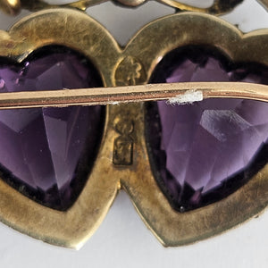 Amethyst Seed Pearl Double Heart Below Bow 9k Gold Brooch Pin Antique Victorian c1890