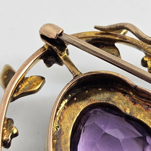 Amethyst and Seed Pearl Heart 9k Gold Dangling Pendant Brooch or Pin Antique Edwardian c1910