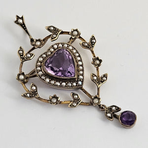 Amethyst and Seed Pearl Heart 9k Gold Dangling Pendant Brooch or Pin Antique Edwardian c1910