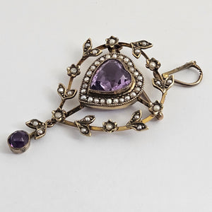 Amethyst and Seed Pearl Heart 9k Gold Dangling Pendant Brooch or Pin Antique Edwardian c1910