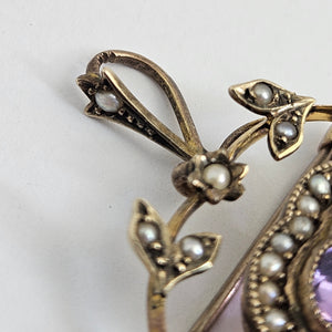 Amethyst and Seed Pearl Heart 9k Gold Dangling Pendant Brooch or Pin Antique Edwardian c1910