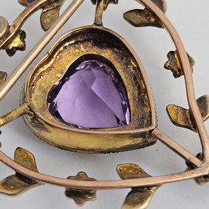 Amethyst and Seed Pearl Heart 9k Gold Dangling Pendant Brooch or Pin Antique Edwardian c1910