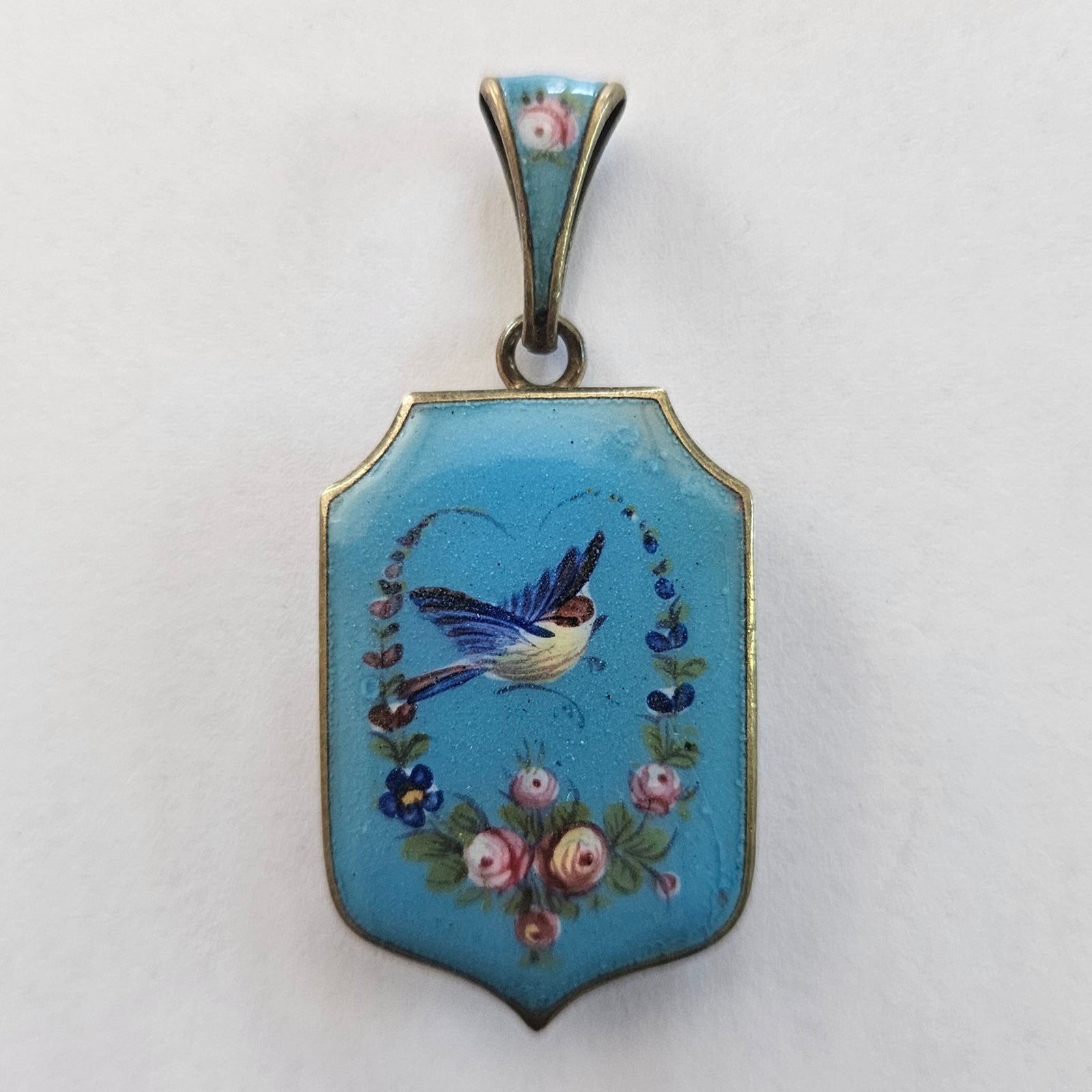 Blue Bird, Roses and forget-me-not Flowers Enamel on Gilt Metal Locket Pendant Antique Edwardian