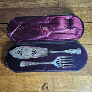 Silver Plate Fish Serves Moroccan Leather Original Box Antique Victorian