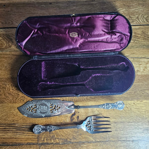 Silver Plate Fish Serves Moroccan Leather Original Box Antique Victorian