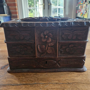 Floral Carved Black Forest Jewellery Box Antique Victorian c1890
