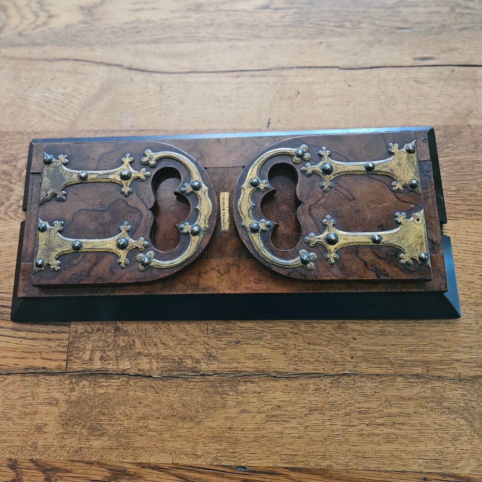 Sliding Book End Shelf in Coromandel Wood with Gilded Brass Strapping by Parkins & Gotto Antique Victorian
