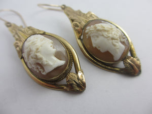 Day & Night Shell Cameo Pinchbeck Dangling Ear Pendant Earrings Antique Victorian c1860