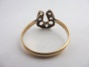 Old Cut Diamond Lucky Horseshoe 18k Gold Ring Antique Victorian c1880 Size UK Q+