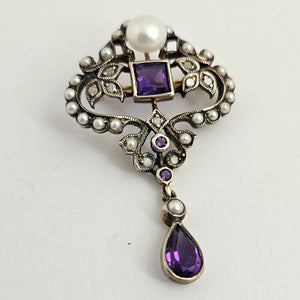 Diamond Amethyst and Seed Pearl 9k Gold Brooch or Pin Antique Victorian c1890