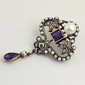 Diamond Amethyst and Seed Pearl 9k Gold Brooch or Pin Antique Victorian c1890