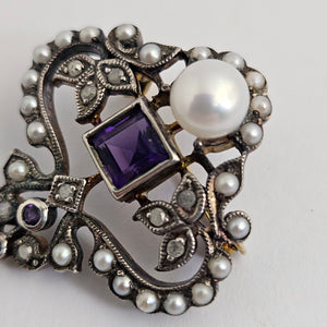 Diamond Amethyst and Seed Pearl 9k Gold Brooch or Pin Antique Victorian c1890