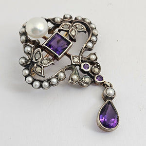 Diamond Amethyst and Seed Pearl 9k Gold Brooch or Pin Antique Victorian c1890