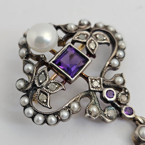 Diamond Amethyst and Seed Pearl 9k Gold Brooch or Pin Antique Victorian c1890